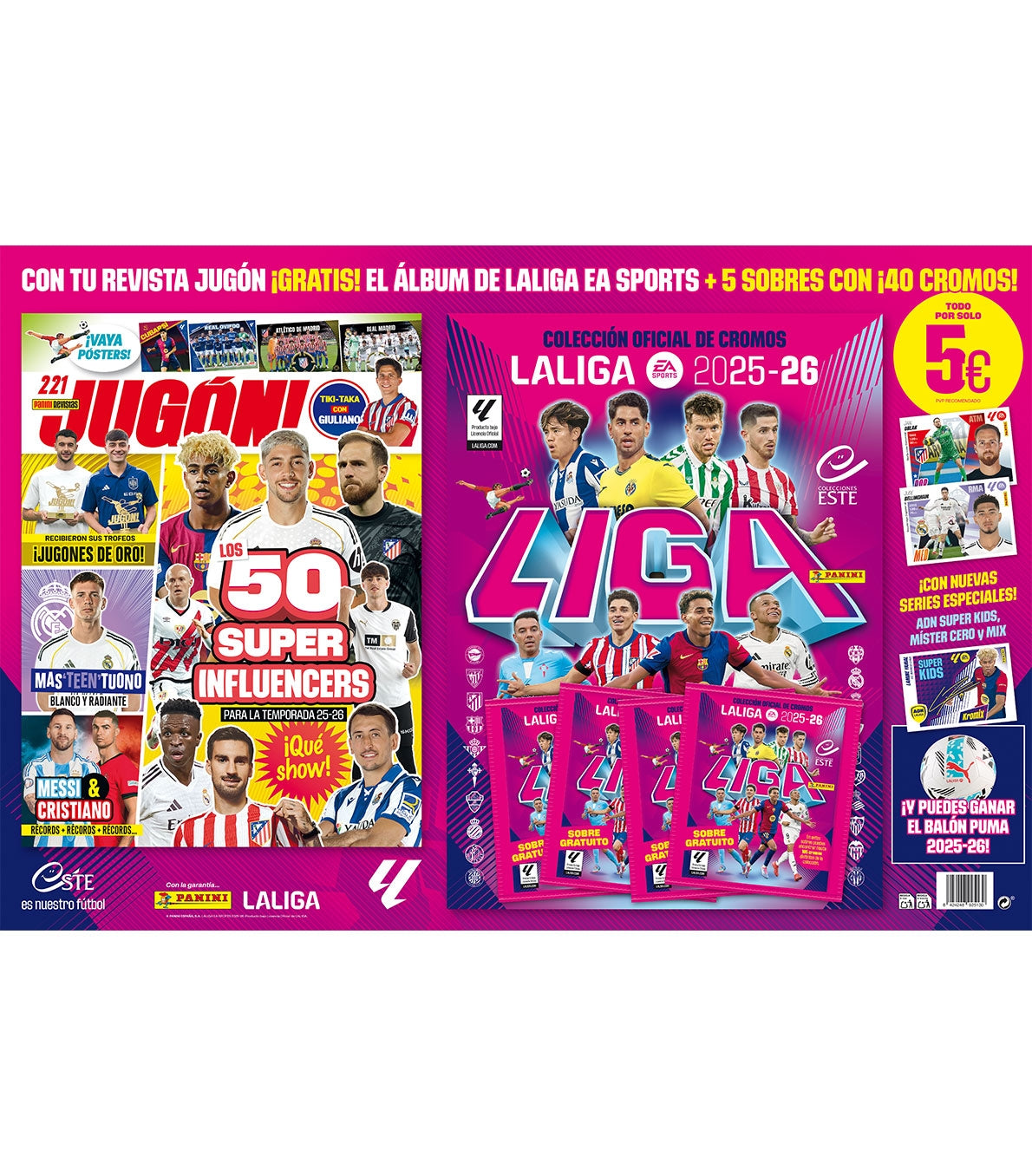 Cartón Albumazo La Liga 2025/26 (Rev. Jugón N.221 + Álbum + 5 Sobres) de Panini Cromos
